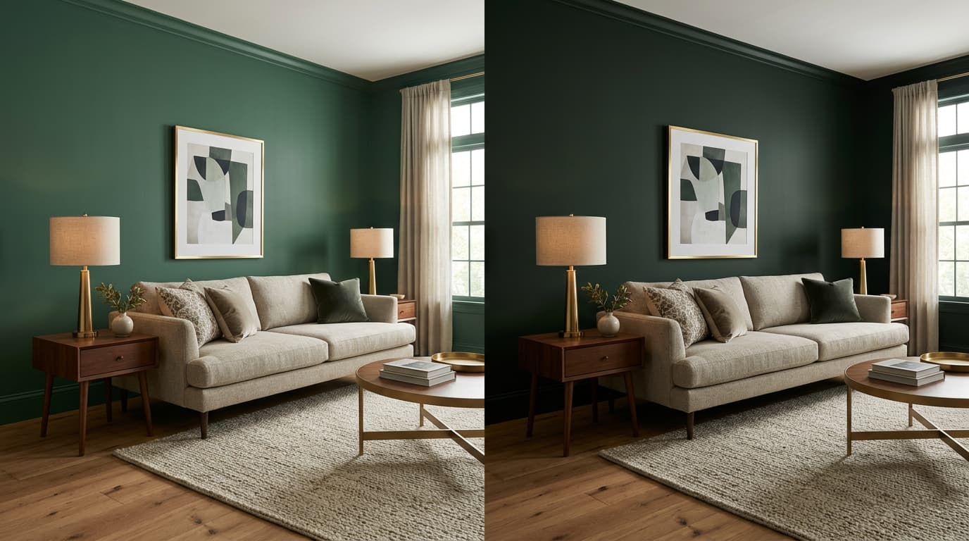 Modern living room comparison of Benjamin Moore Vintage Vogue and Salamander dark green paint colors.