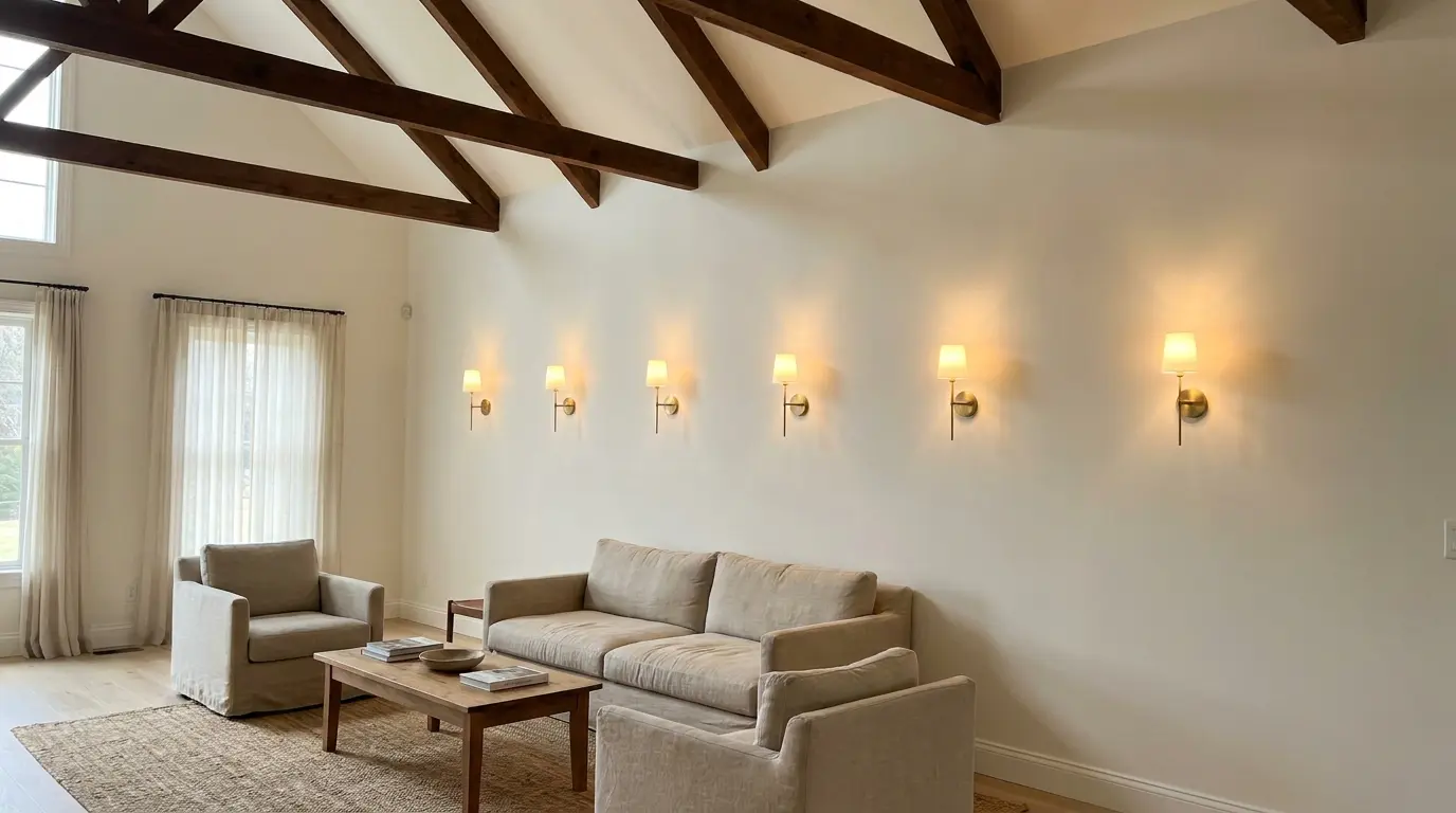 Living room with a vaulted ceiling, exposed dark wood beams, neutral seating, tall windows, and warm wall sconces.