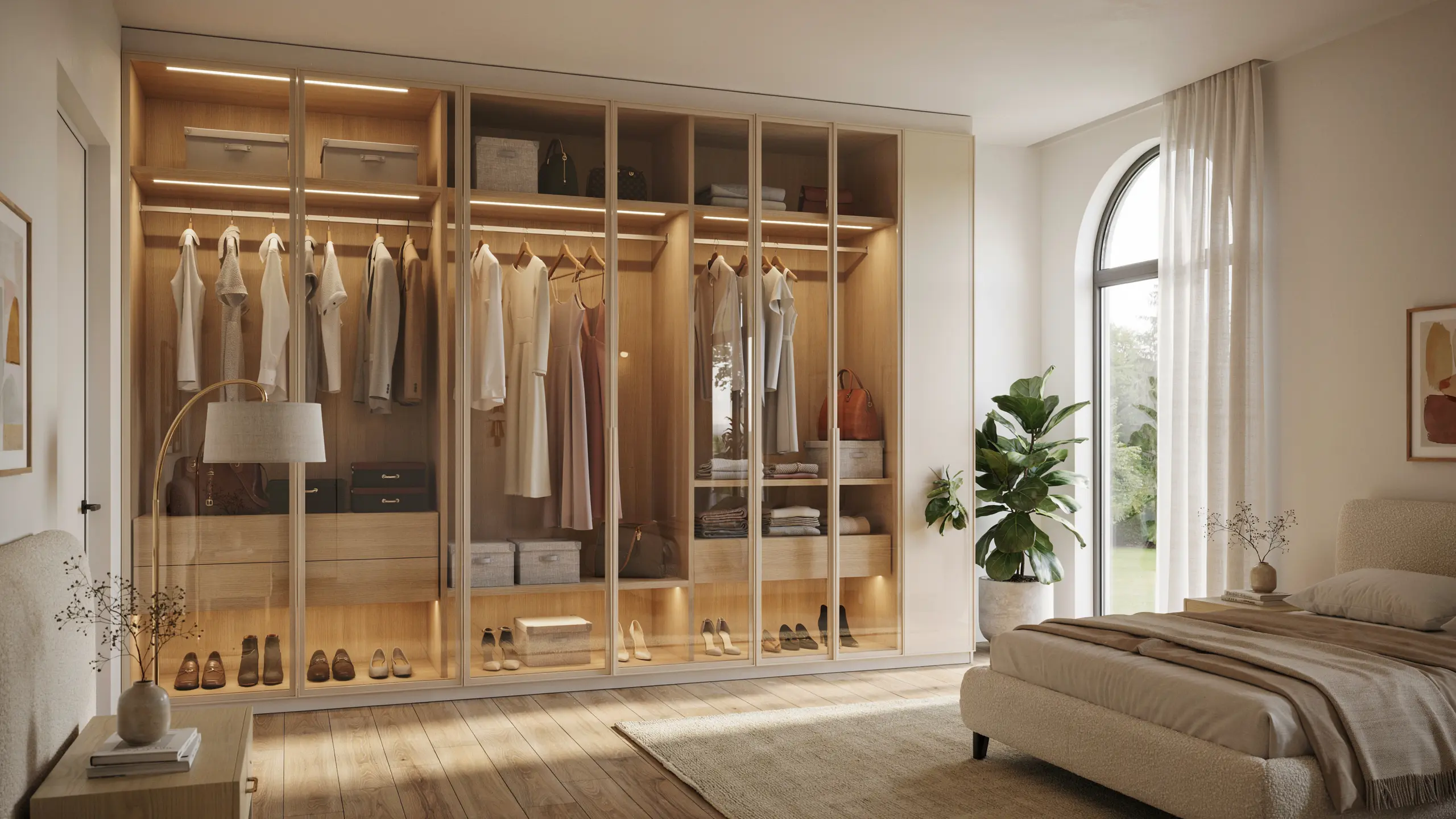 Wooden armoire wardrobe with hanging clothes and organized storage