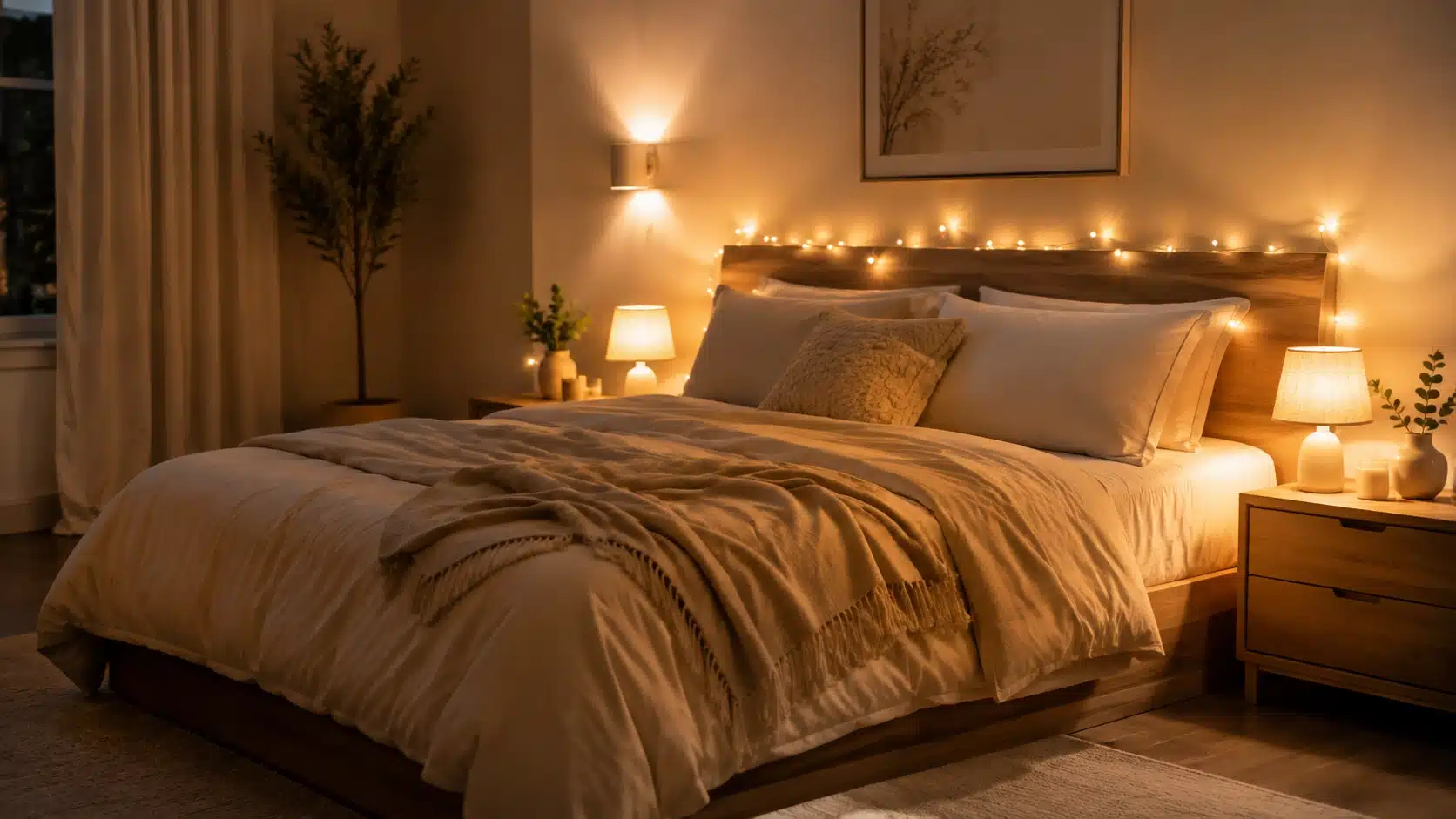 Cozy bedroom with warm ambient lighting, bedside lamps, sconces, and soft string lights creating a romantic glow.