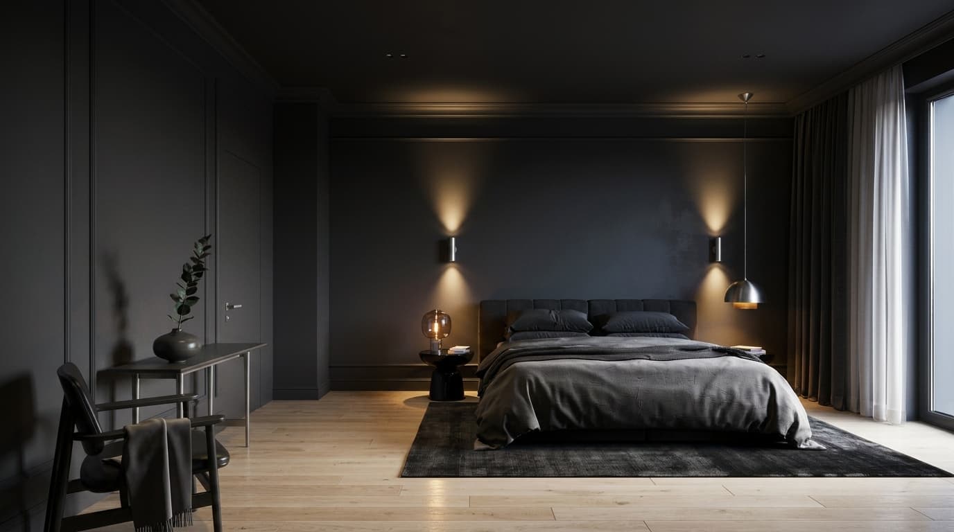 Black bedroom with warm layered lighting and cozy dark interiors