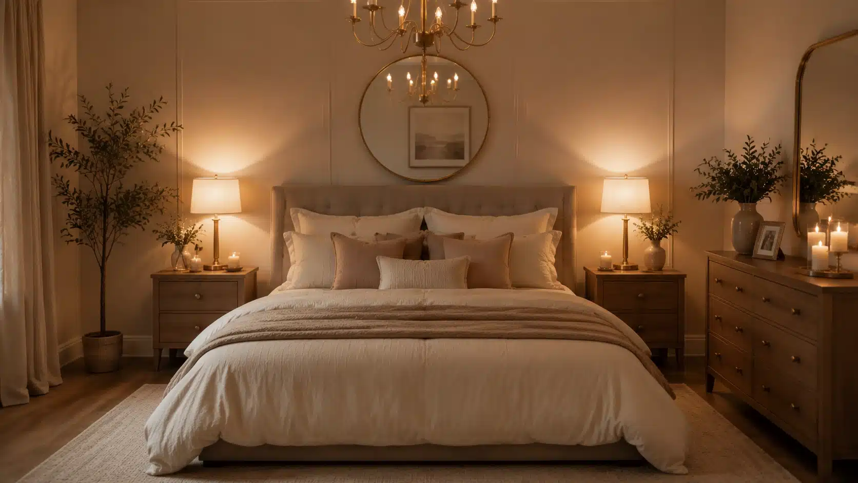 Elegant bedroom with brass lamps, gold mirror accents, candles, and warm neutral decor creating a cozy atmosphere.