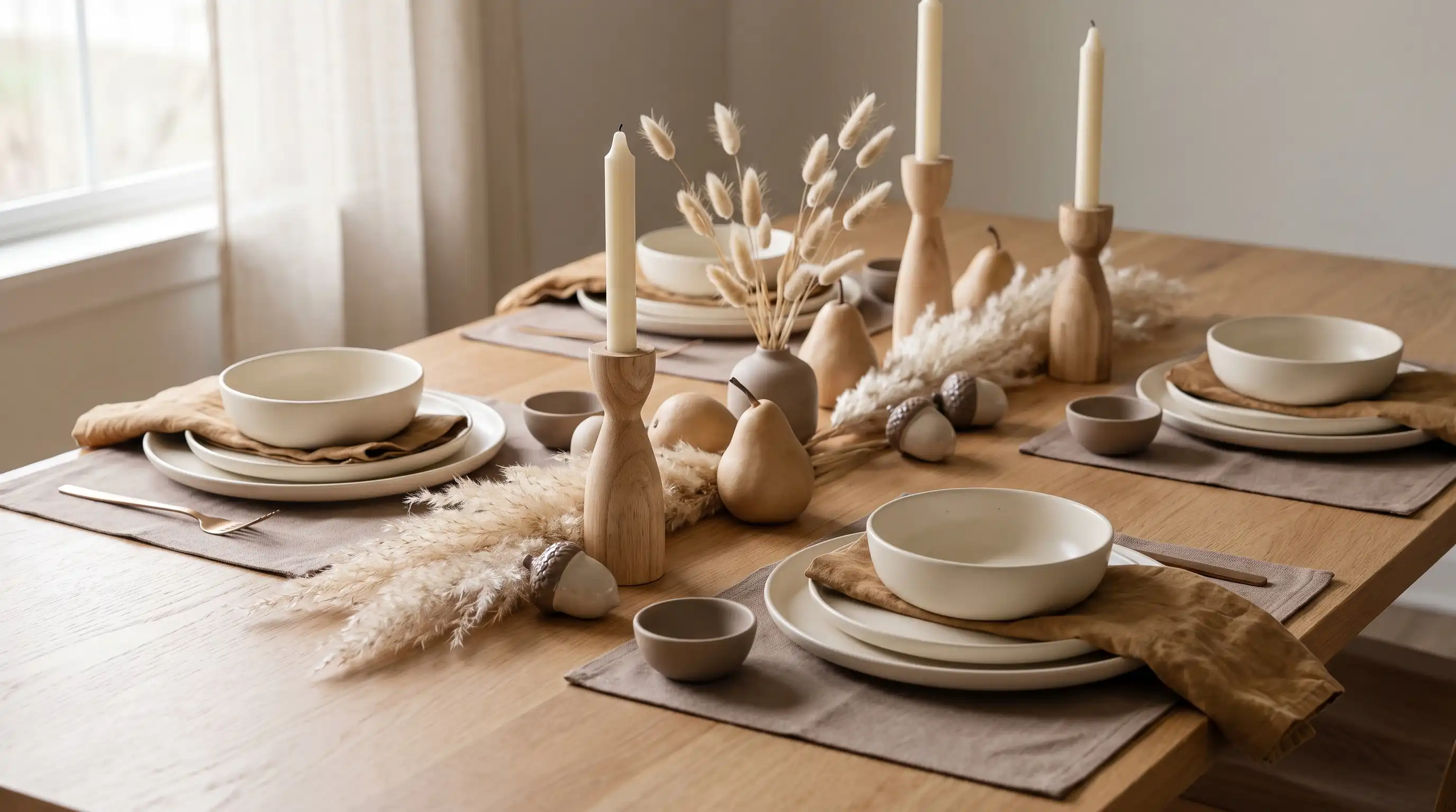 Neutral fall table with cream ceramics, camel linens, dried grasses, wood, and beige accents