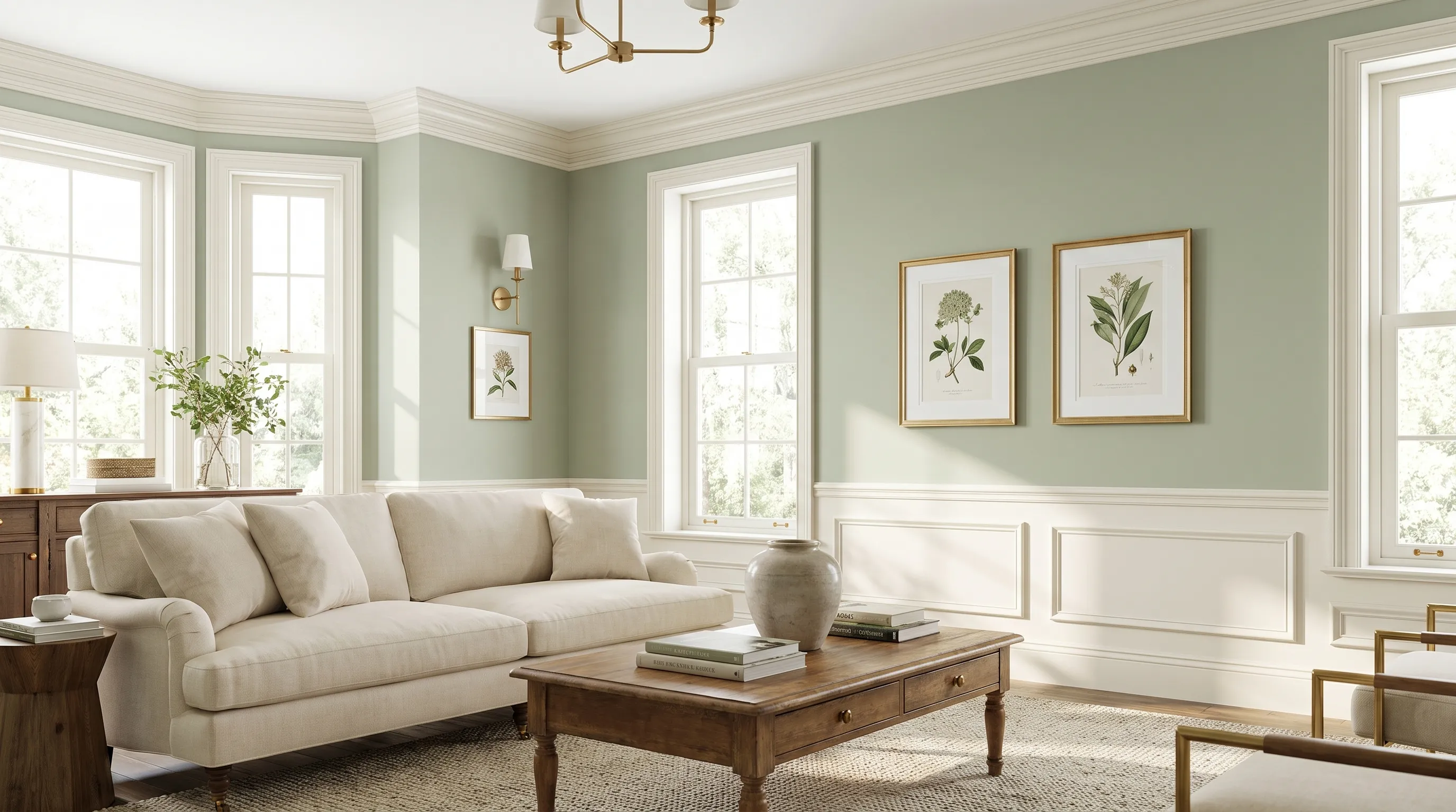 Saybrook Sage walls with warm white trim and soft contrast.