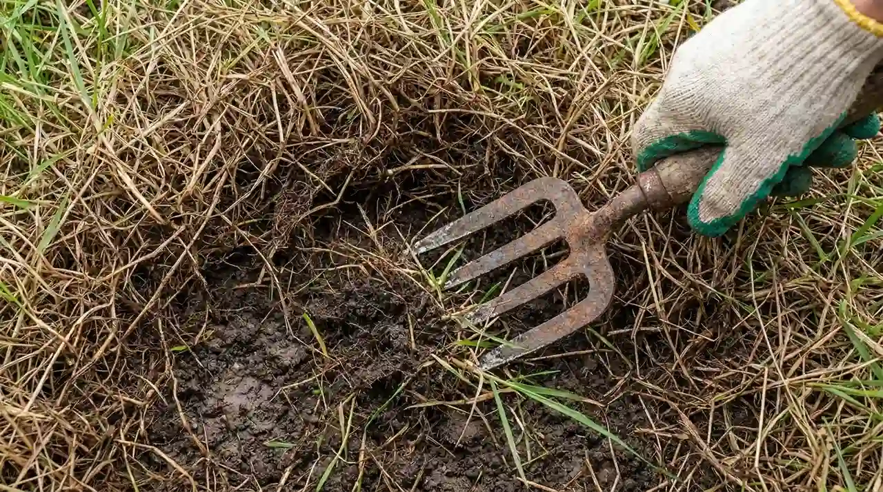 Gloved hand using a garden fork to remove thatch buildup from a lawn surface.