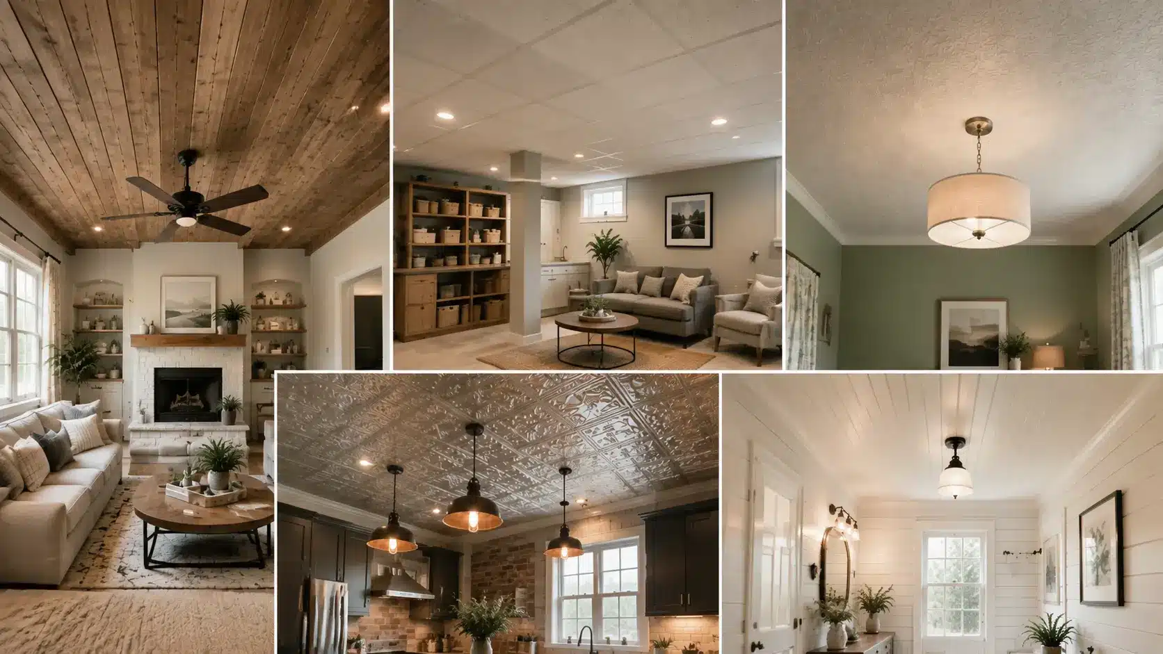 Five-panel collage showing wood plank, drop tile, textured, tin-style, and beadboard ceiling ideas in bright residential interiors.