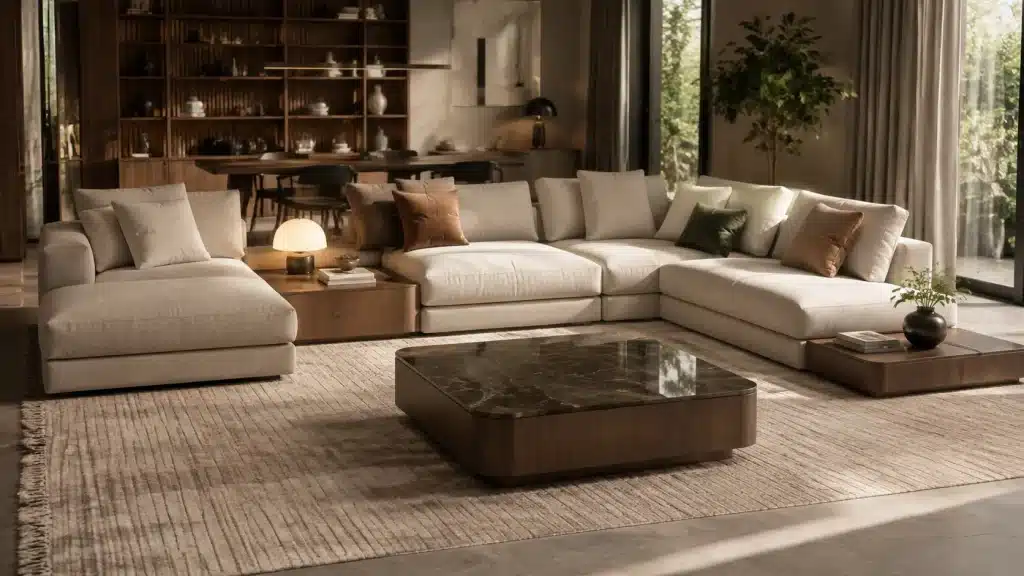 Modern living room with a large modular sectional sofa, marble coffee table, wooden shelving, warm lighting, and indoor plants with greenery.