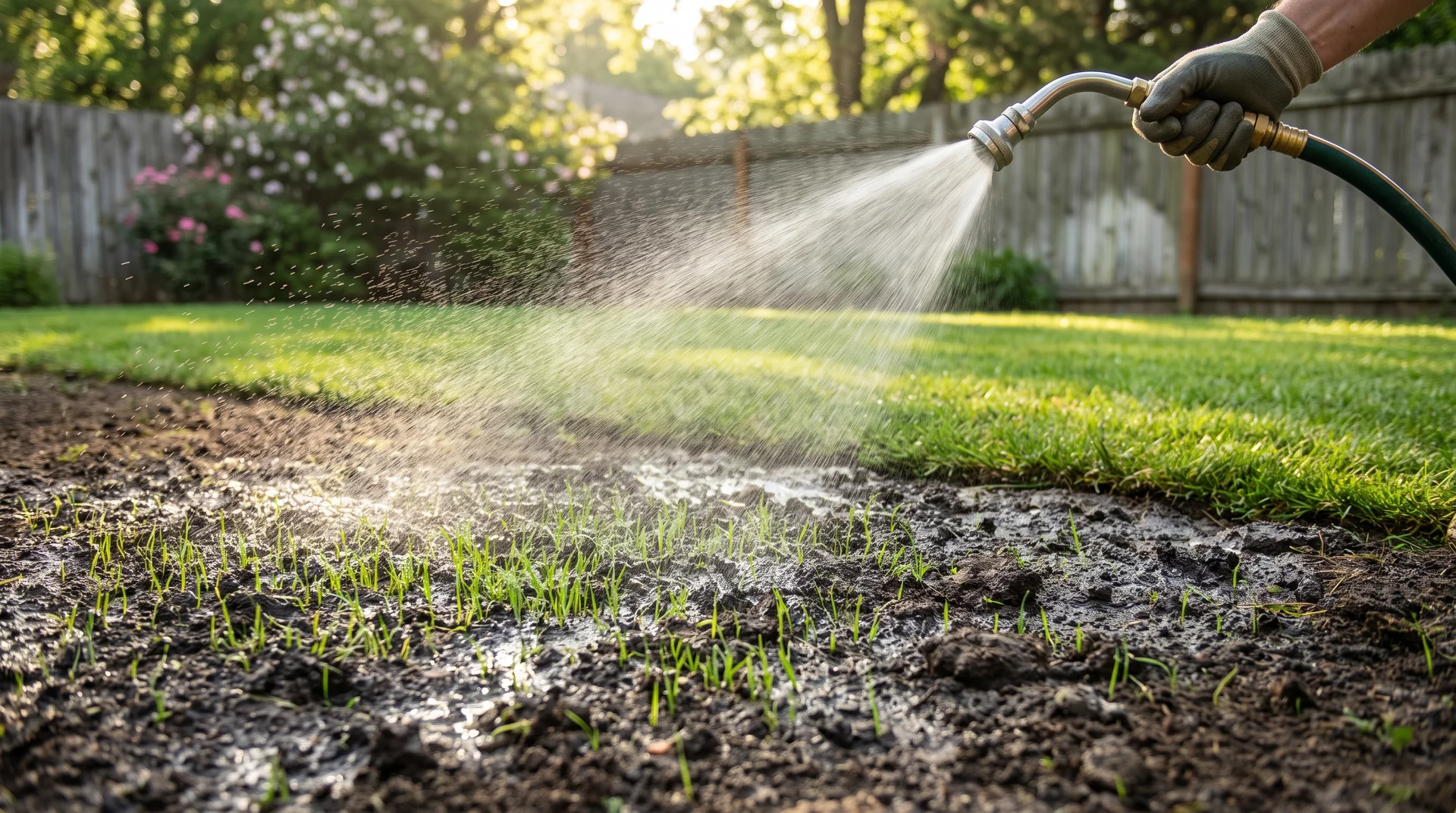Hand watering newly seeded lawn with a gentle spray, showing how long should you water your lawn for new grass.