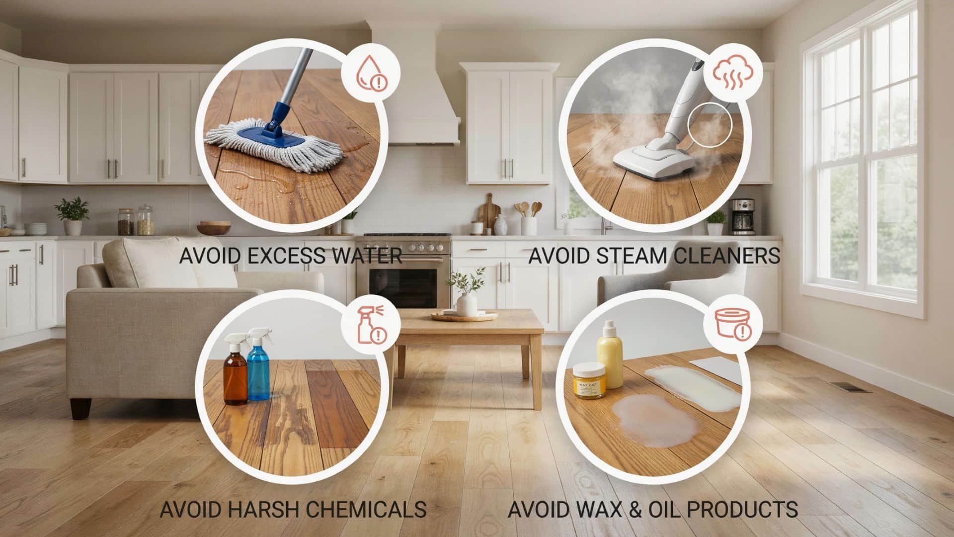 Infographic showing what not to use on hardwood floors including excess water, steam, chemicals, and wax
