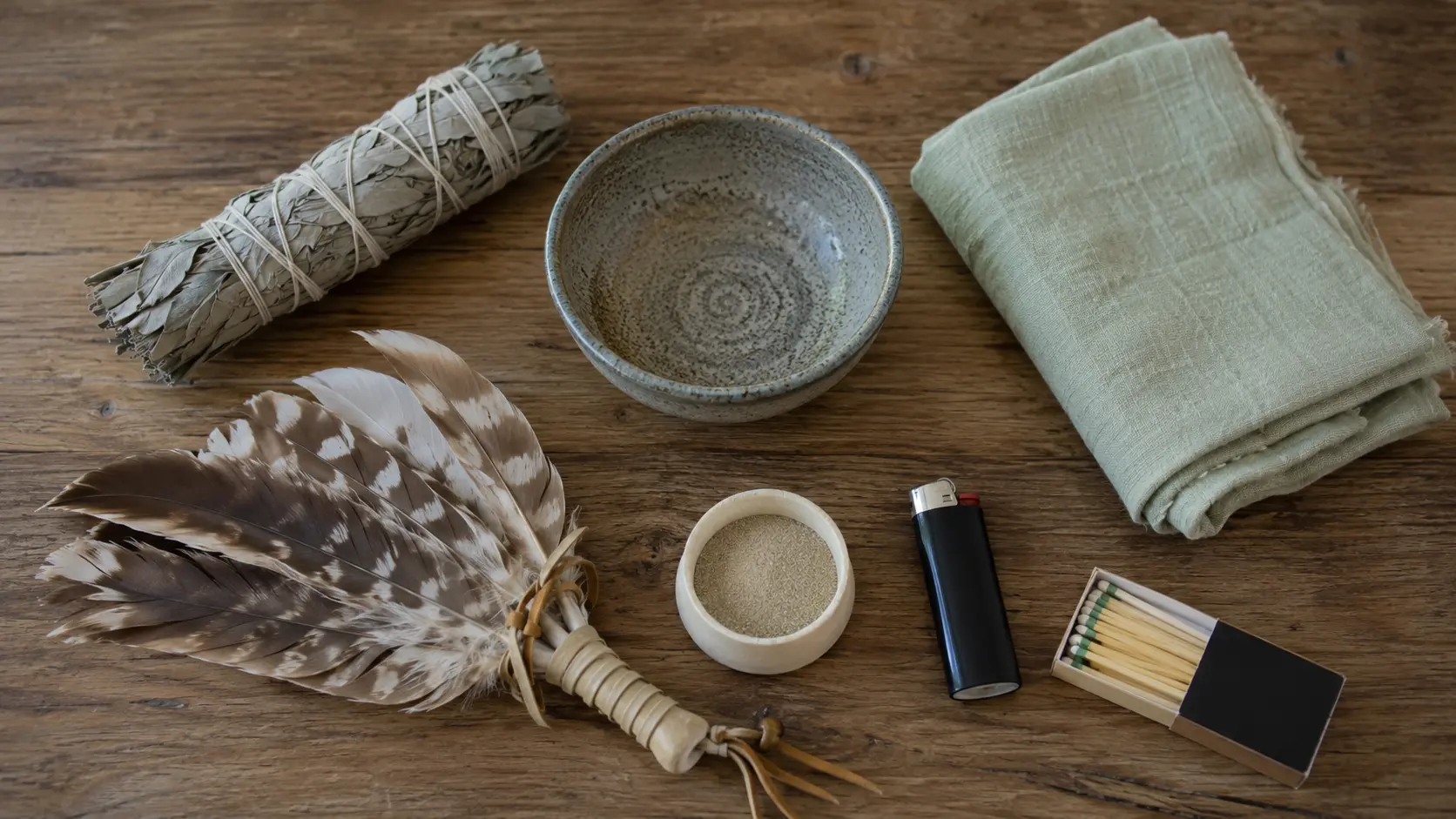 Sage bundle, feather fan, ceramic bowls, cloth, lighter, and matches arranged on a rustic wooden table.