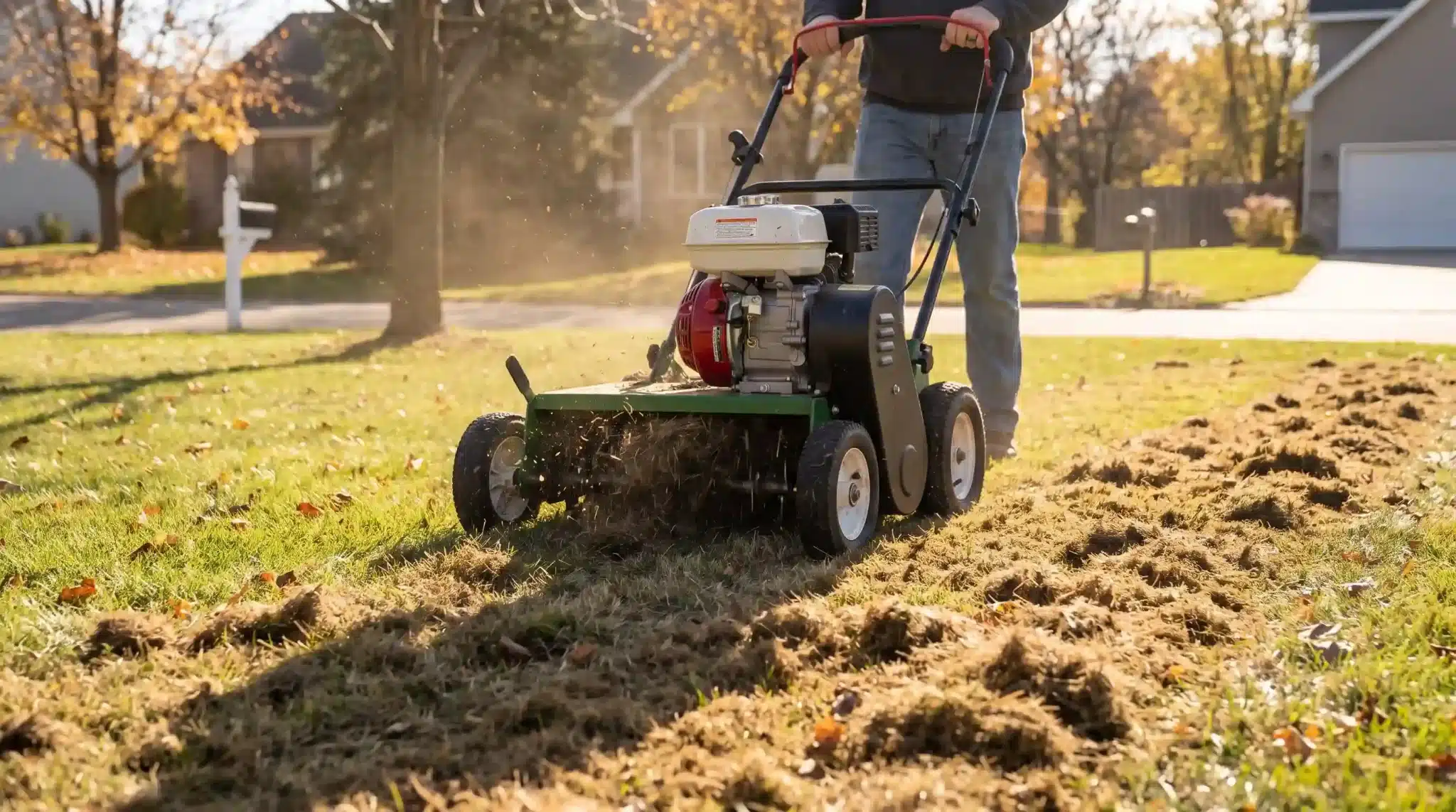 Lawn dethatching machine removing thatch from grass, showing when to dethatch lawn for healthier turf maintenance.