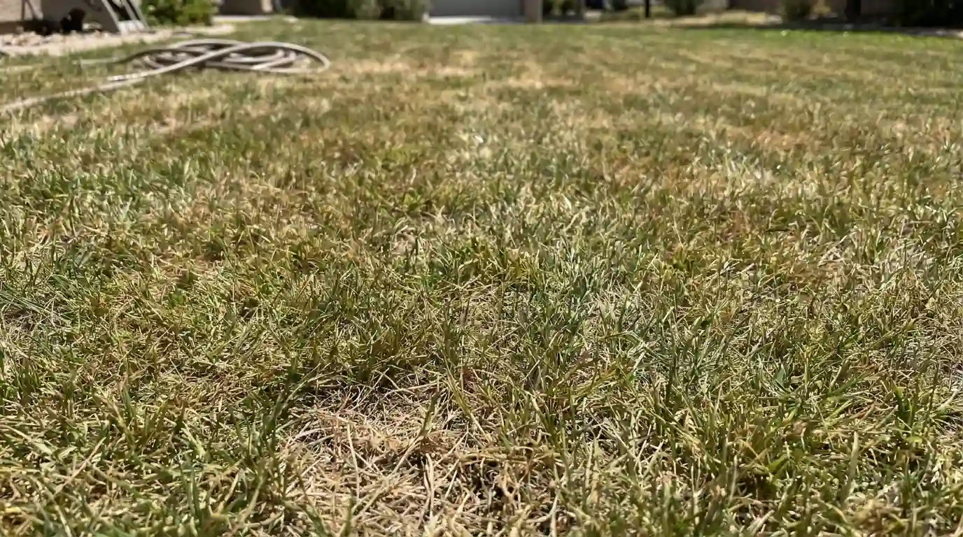 Dry grass lawn showing signs of excessive thatch buildup