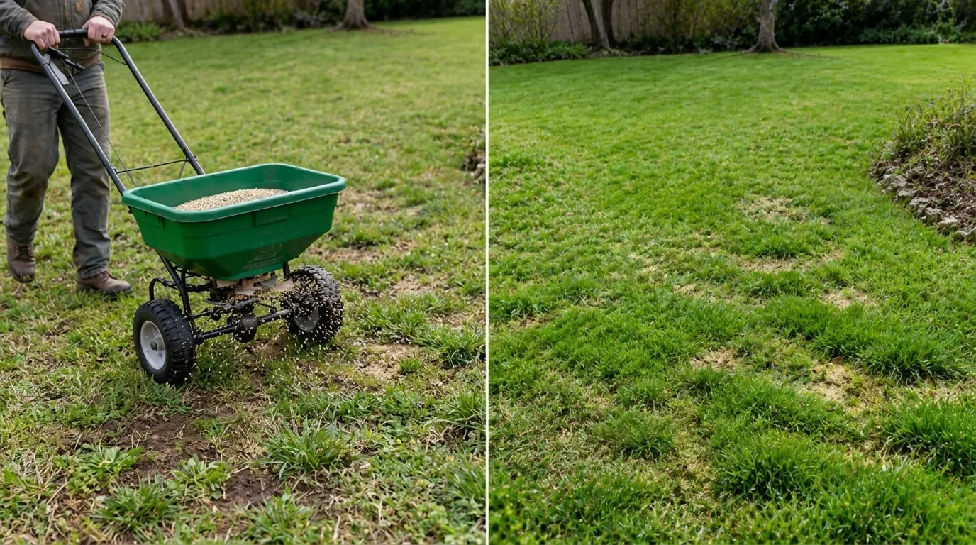 Person spreading lawn fertilizer with a broadcast spreader across a residential grass lawn.