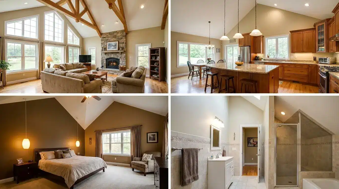 Four-room collage showing cathedral ceilings in a living room, kitchen, bedroom, and bathroom, with vaulted rooflines, large windows, and warm neutral finishes.