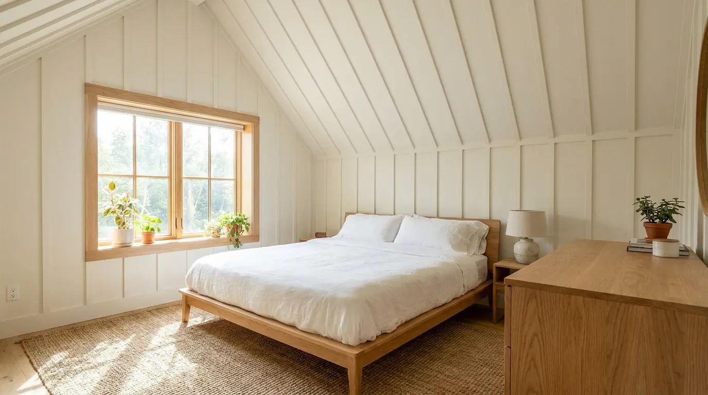 Bright bedroom with a vaulted white plank ceiling, light wood furniture, neutral bedding, a woven rug, and a large sunlit window.