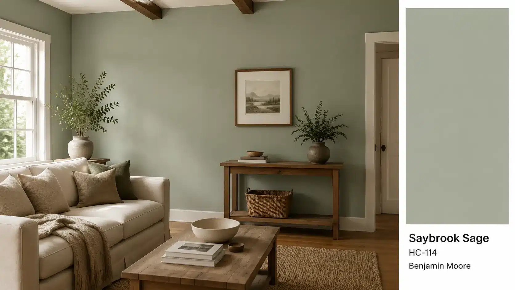 Benjamin Moore Saybrook Sage living room with muted green walls and natural textures.
