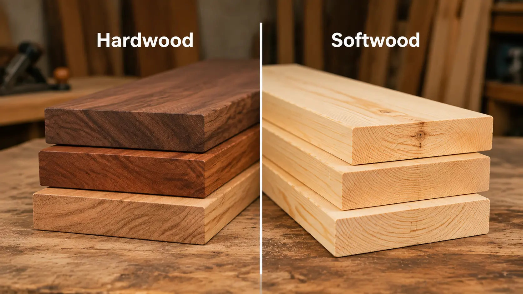 Hardwood and softwood boards shown side by side with a divider line on a woodworking bench.