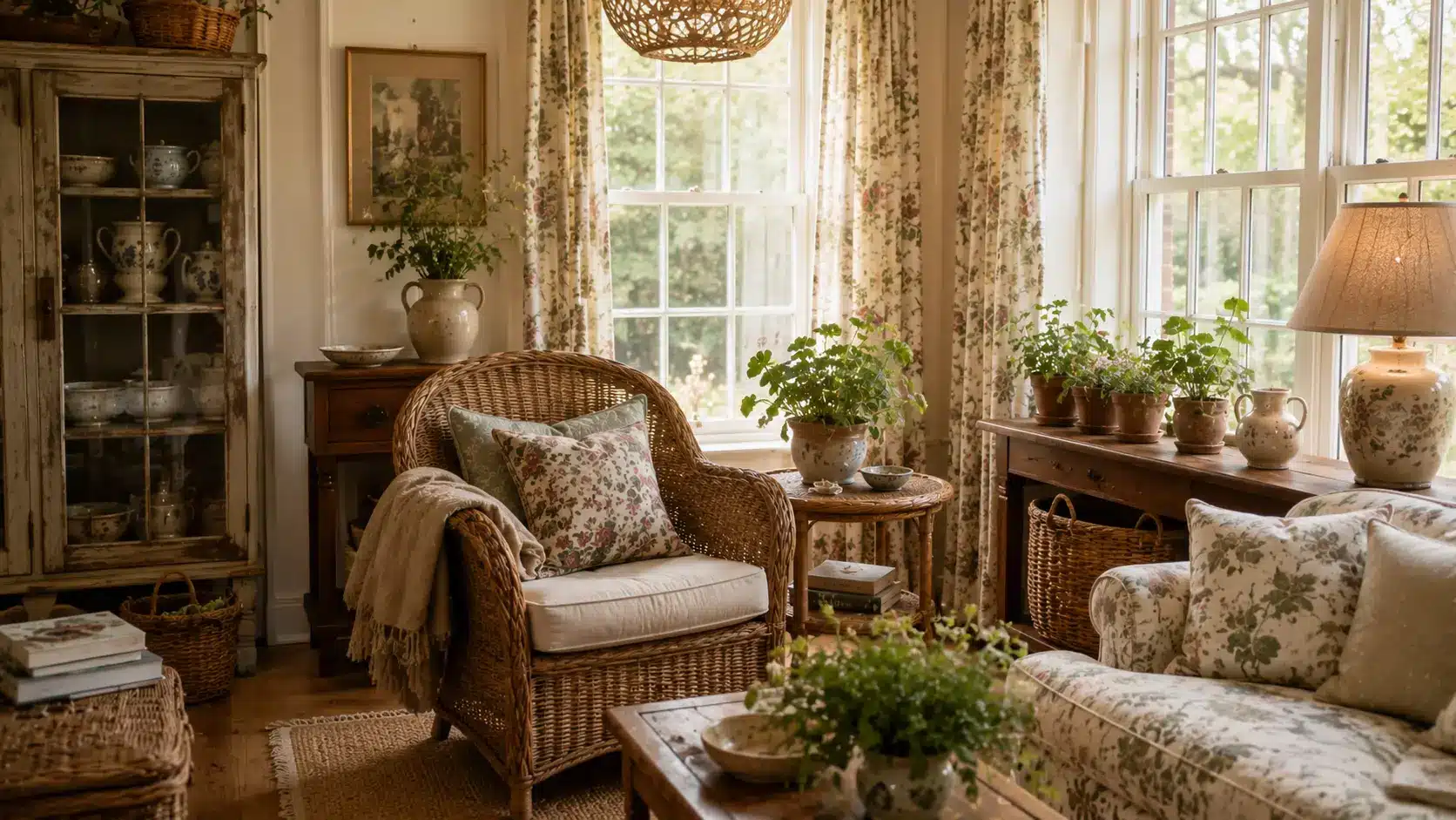 Warm English cottage living room with a wicker armchair, floral sofa and curtains, vintage wooden furniture, ceramic decor, indoor plants, woven baskets, and soft natural light from large windows.