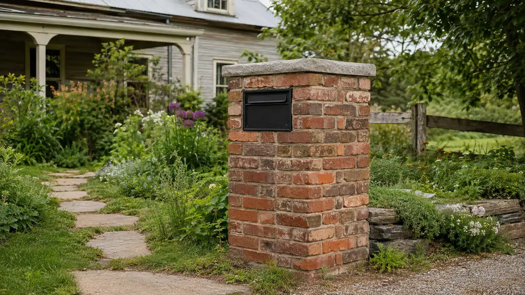 Reclaimed brick mailbox with a black metal insert and stone cap beside a cottage garden and farmhouse