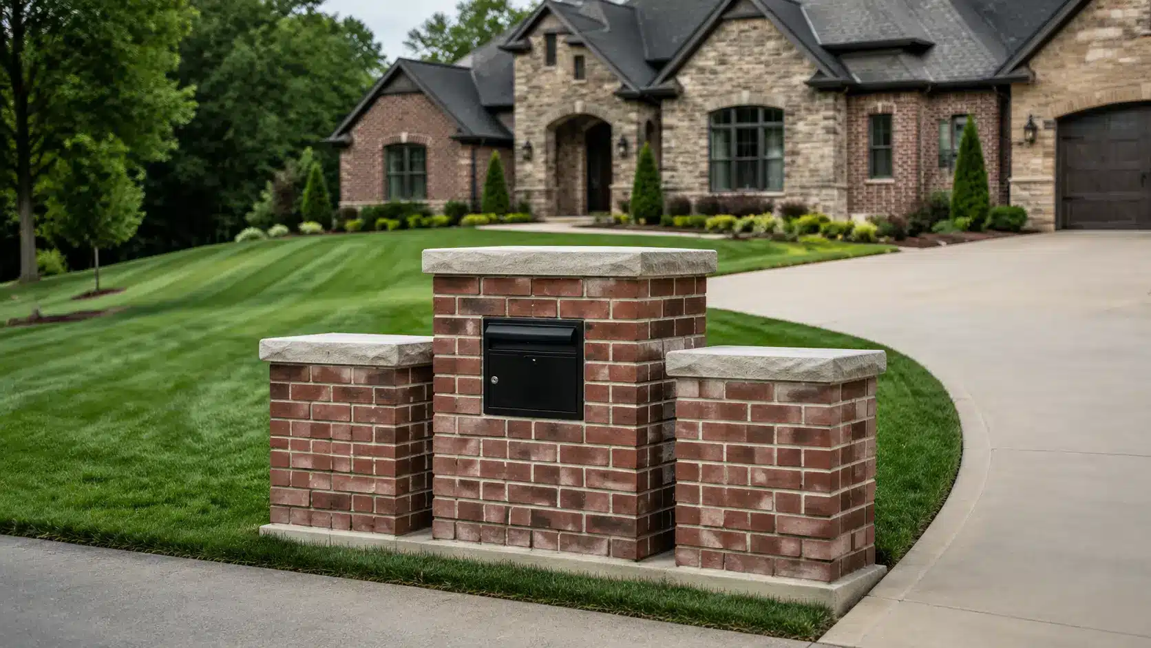 Wide brick mailbox with a central black insert, two short side columns, and stone caps beside a curved driveway