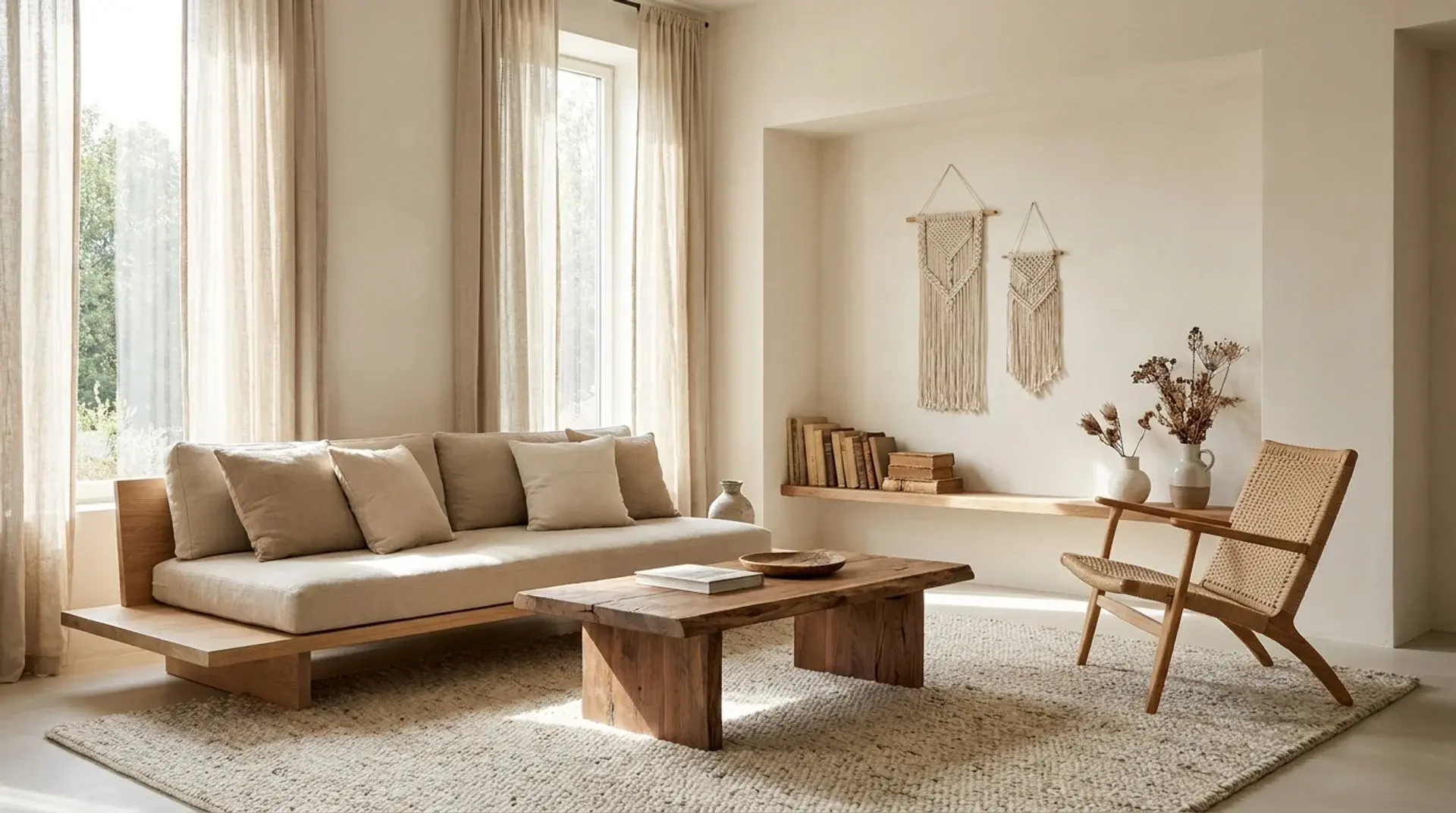 Japandi room featuring oak furniture, linen textiles, and natural fiber materials